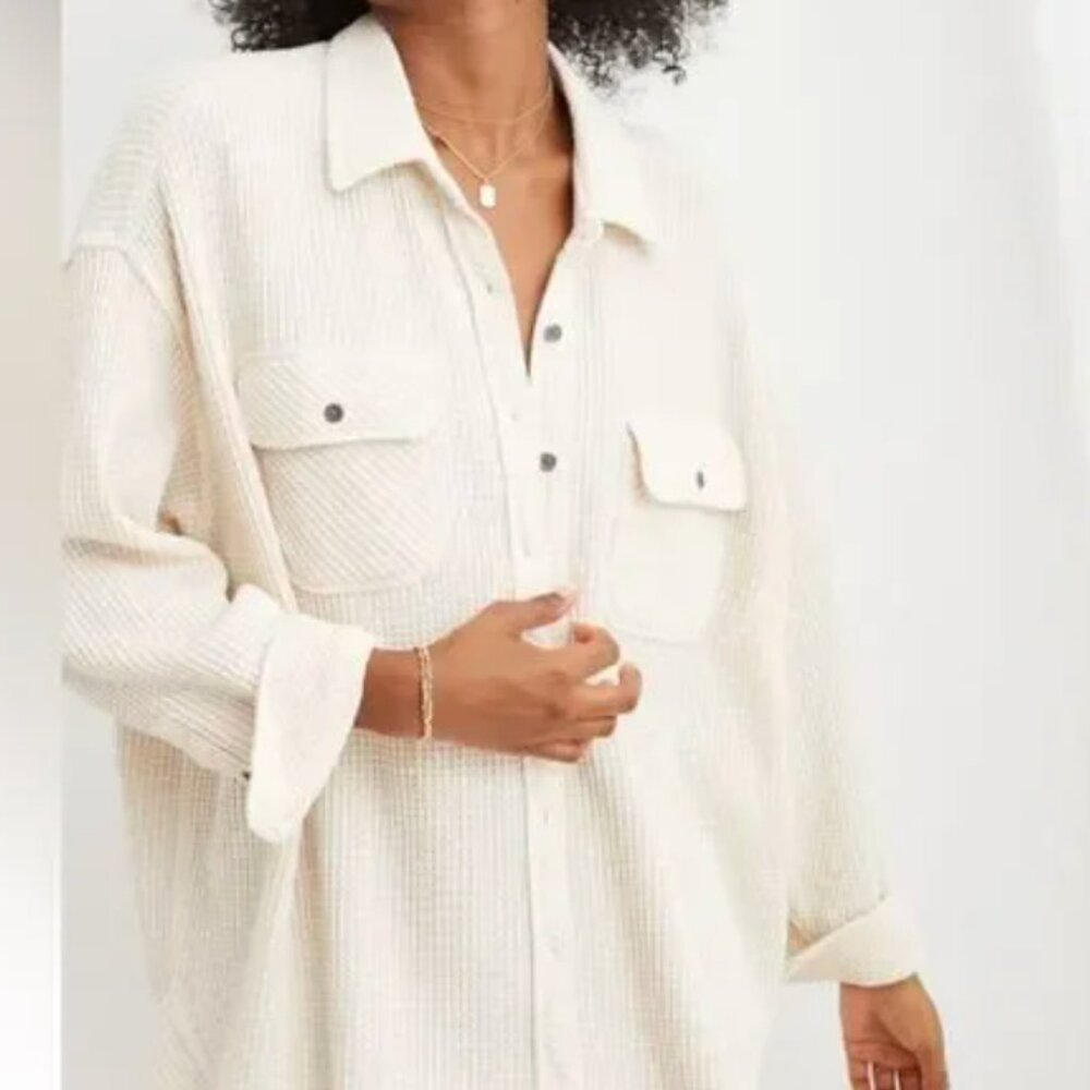 Aerie Cream Tan Lumberjane Waffle Knit Oversized Sweater Jacket Large